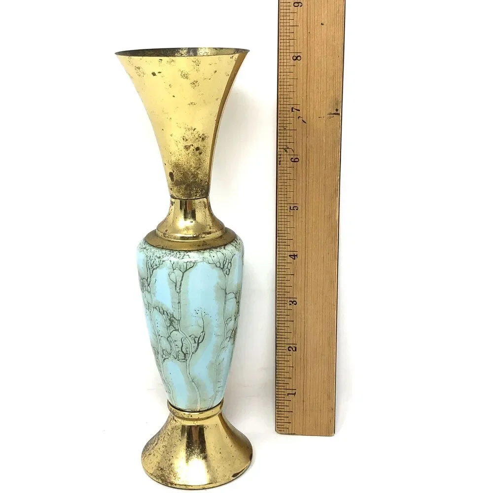 Delft Holland Brass & Marbled Aqua Hand Painted Bud Vase VTG MCM Euro Modern